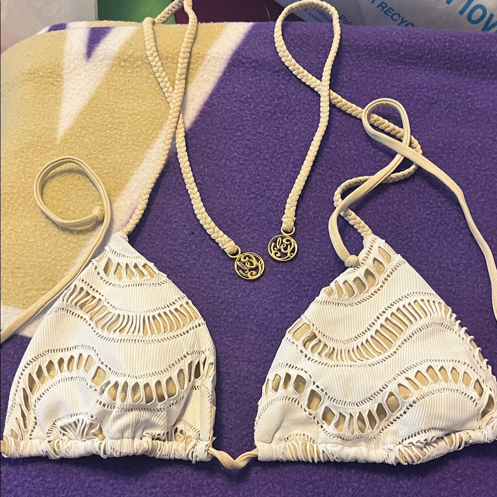 Luli Fama White Crochet Bikini Top